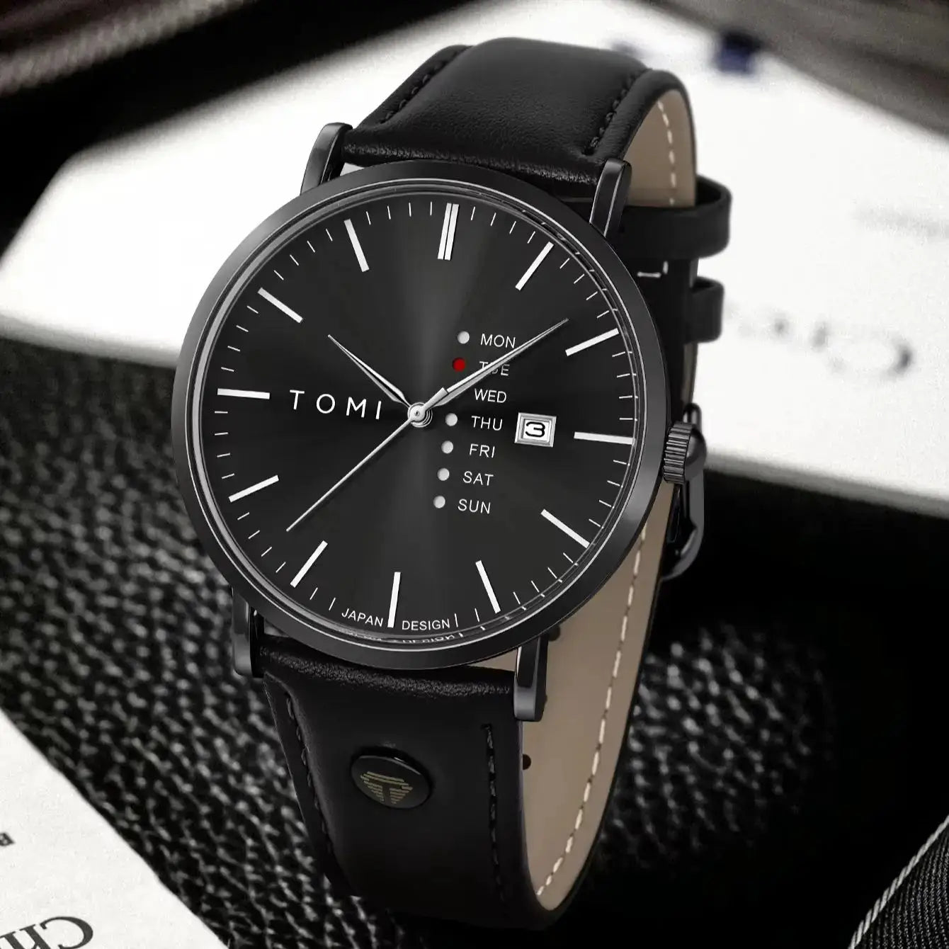 TOMI Trendy men's watch with black dial and black leather strap, weekday calendar; quartz movement - Simples Market
