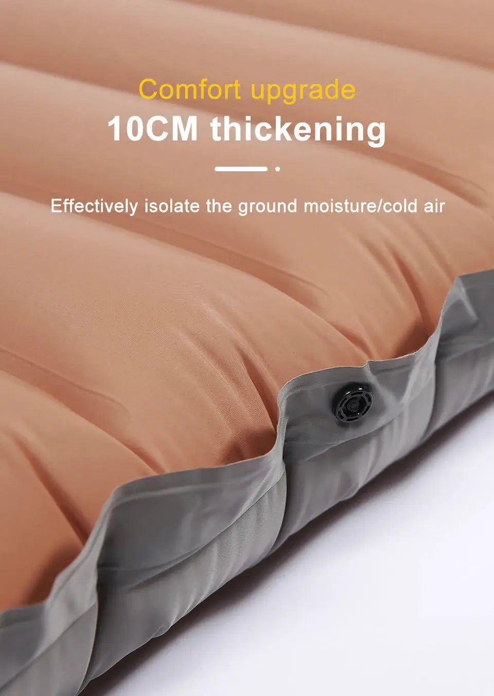 Ultralight self-inflating air mattress sleeping pad by Simples Market, 10 cm thick with peach top and gray edge.