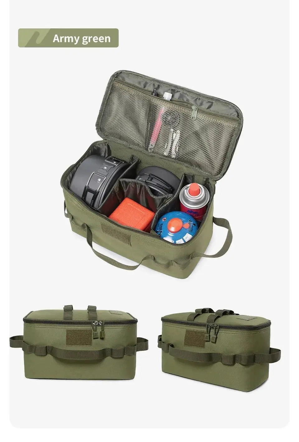 Large capacity army-green camping storage bag with mesh lid and interior compartments for utensils, pots, and gas canister.
