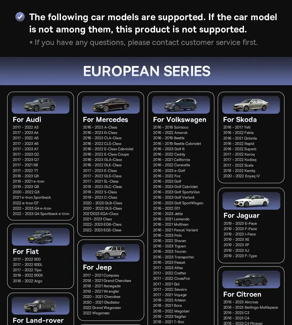 Baseus Wireless CarPlay adapter showing European Series car models for Audi, Mercedes, VW, Skoda, Fiat, Jeep, Jaguar
