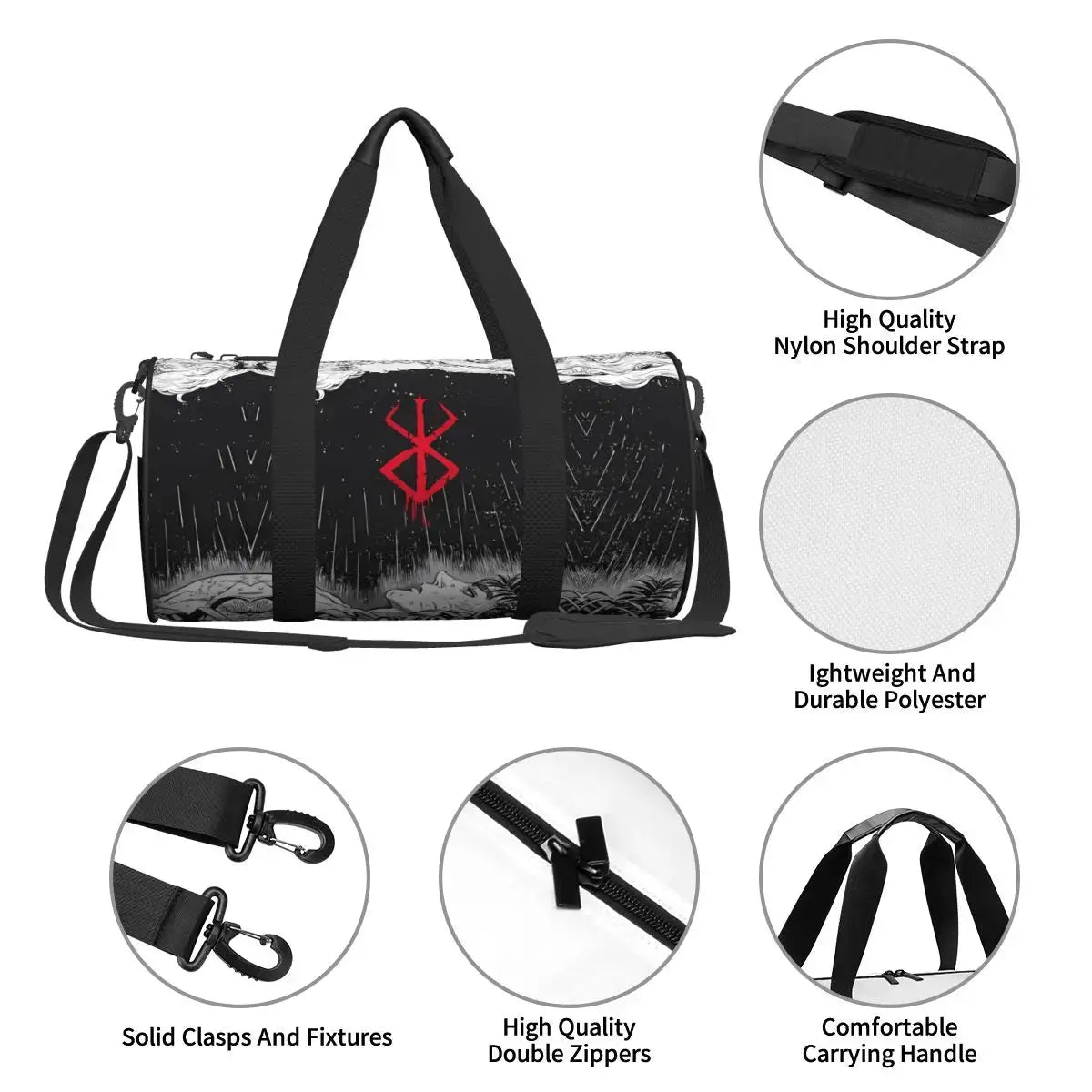 Japan anime Berserk gym bag by Simples Market; black polyester sport bag with red emblem and nylon shoulder strap.