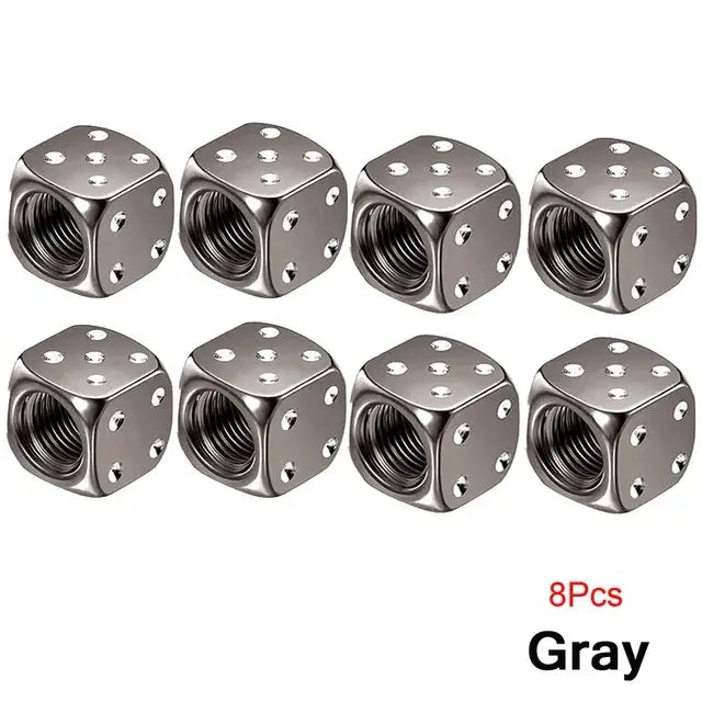 Aluminum dice tire valve caps, gray, set of 8 for car, truck, motorcycle and bike wheels.