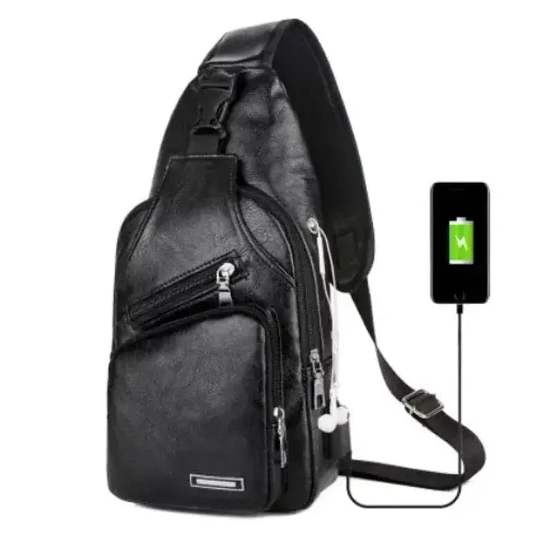 Chest bag by Simples Market, black PU leather crossbody with USB charging