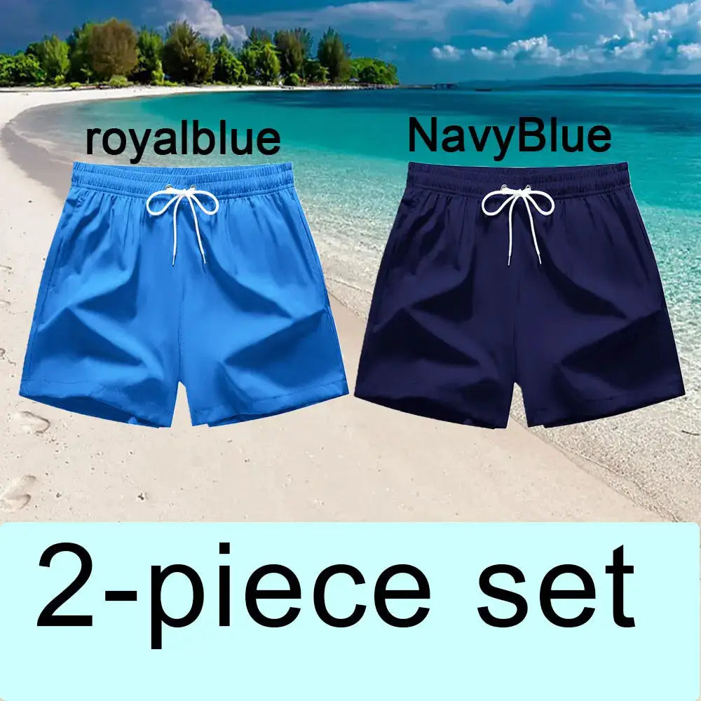 Men's swim trunks two-piece set in royal blue and navy blue, quick-dry board shorts with pockets and drawstring