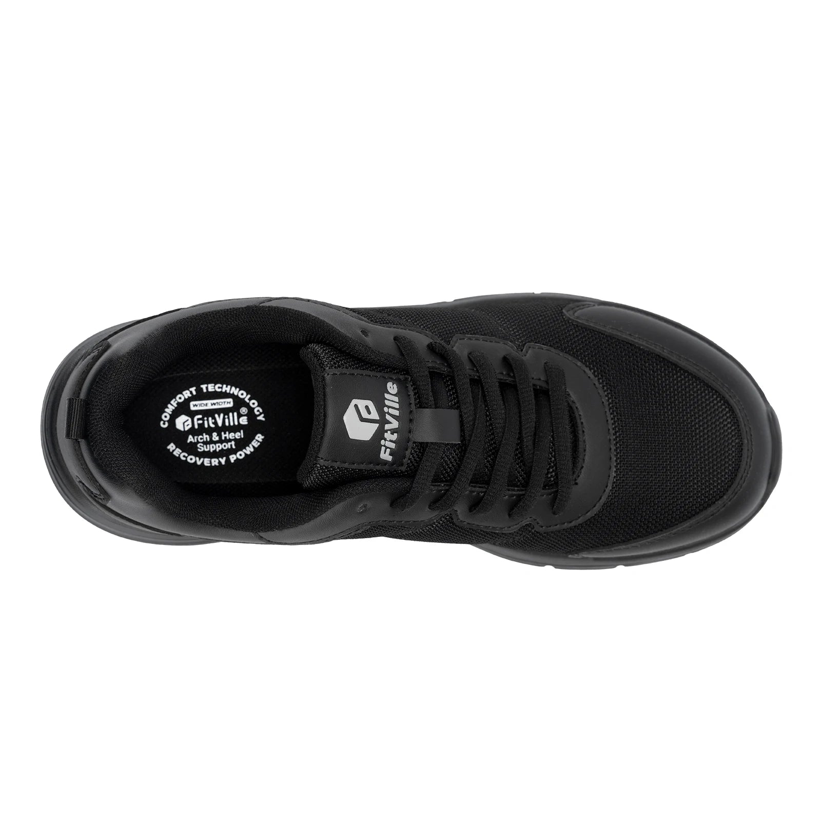 FitVille men's black walking shoe with wide width and lightweight cushioning, top view