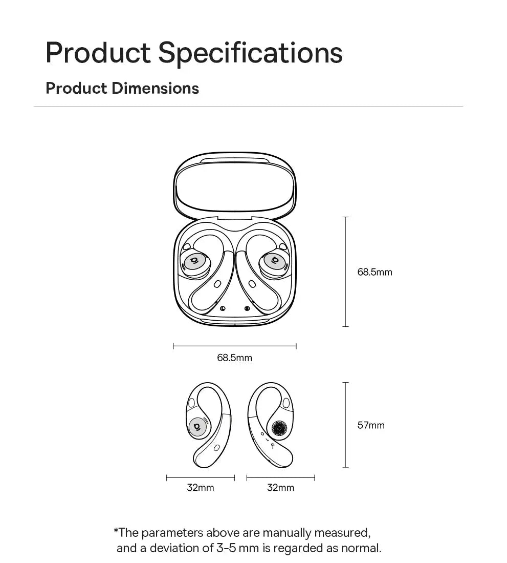 Baseus Eli Sport 2 open-ear wireless earphones with charging case; diagram shows case 68.5mm wide and 32mm earbud width.
