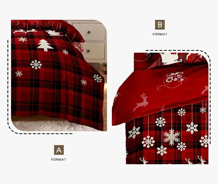 3-Piece Christmas Duvet Cover Set in red checkered pattern with elk and snowflake print
