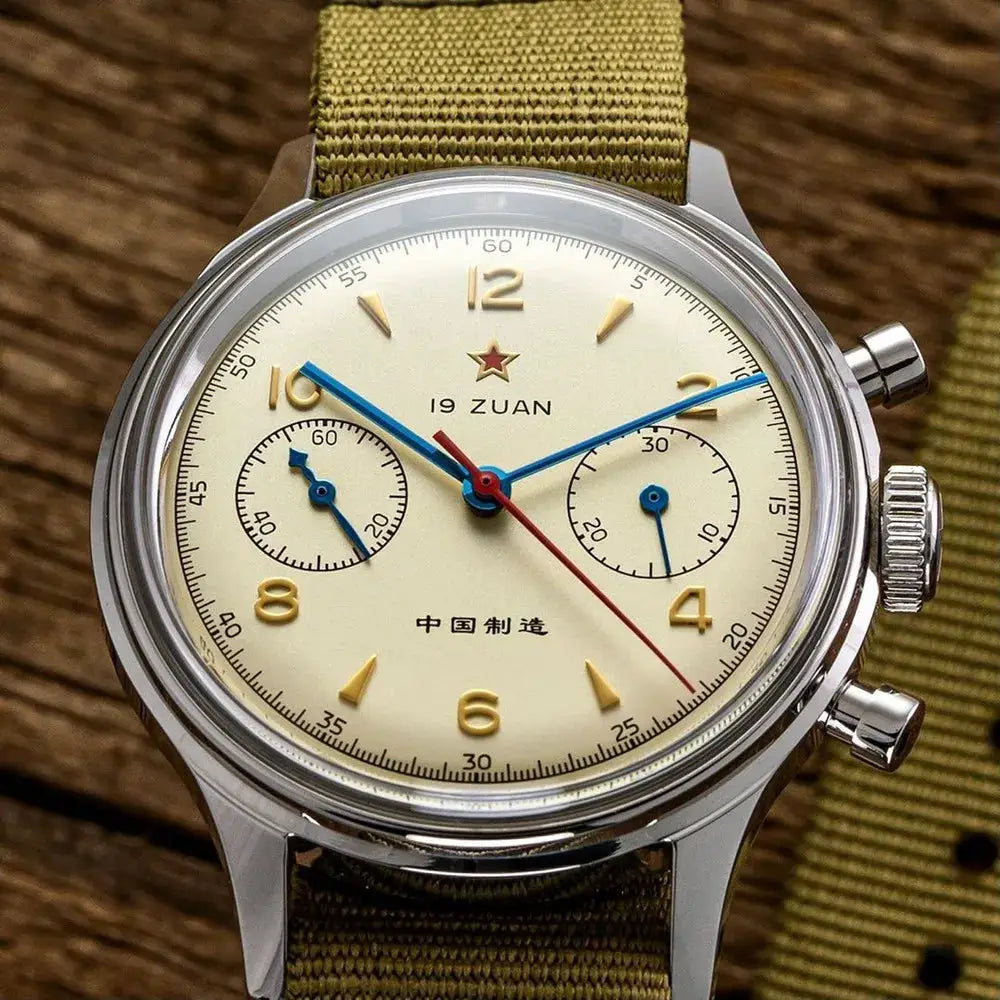 Simples Market Red Star 38mm men's chronograph watch with Seagull ST1901 movement, cream dial, blue hands, olive strap