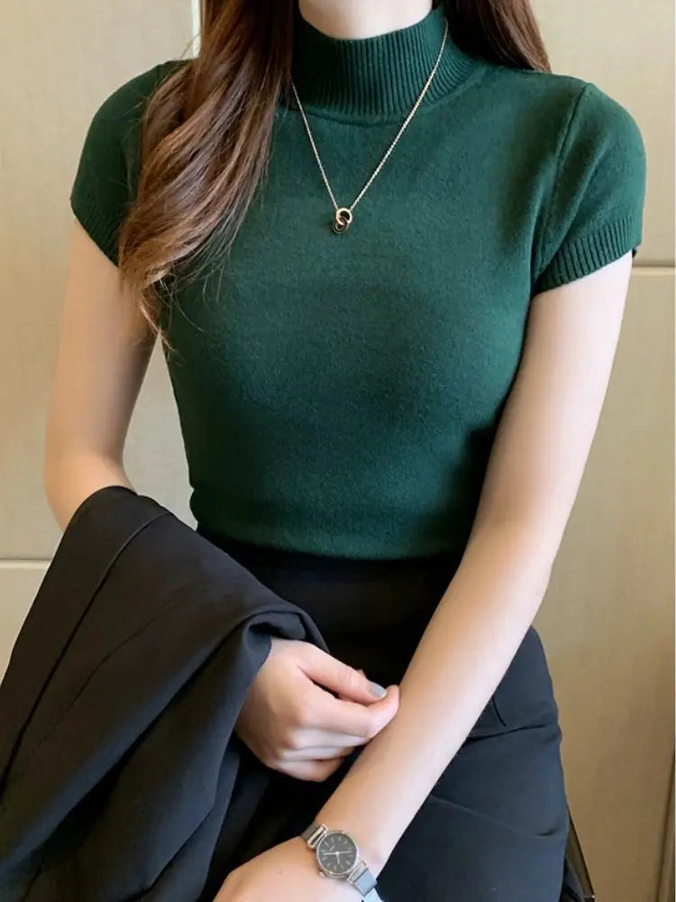 Korean Chic Half High Neck T Shirt Women Jumper Slim Fit Knit Top Spring Summer Solid Color