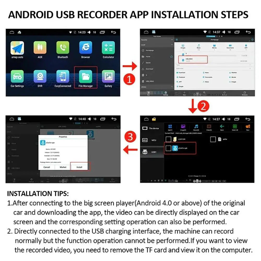 Android USB recorder app installation steps for Car DVR dash cam by Simples Market (4-panel infographic)