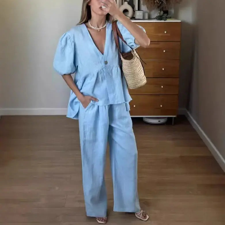 Women Two Piece Set Solid Color V Neck Short Sleeve Top And Long Pants
