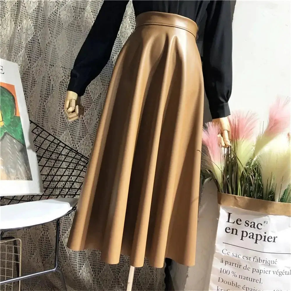 Women's PU leather midi skirt, camel brown, high-waisted A-line flare