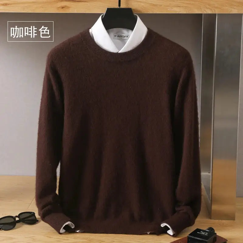 Men's 100% Pure Mink Cashmere O-Neck Sweater in coffee brown; Simples Market knit long-sleeve top on hanger