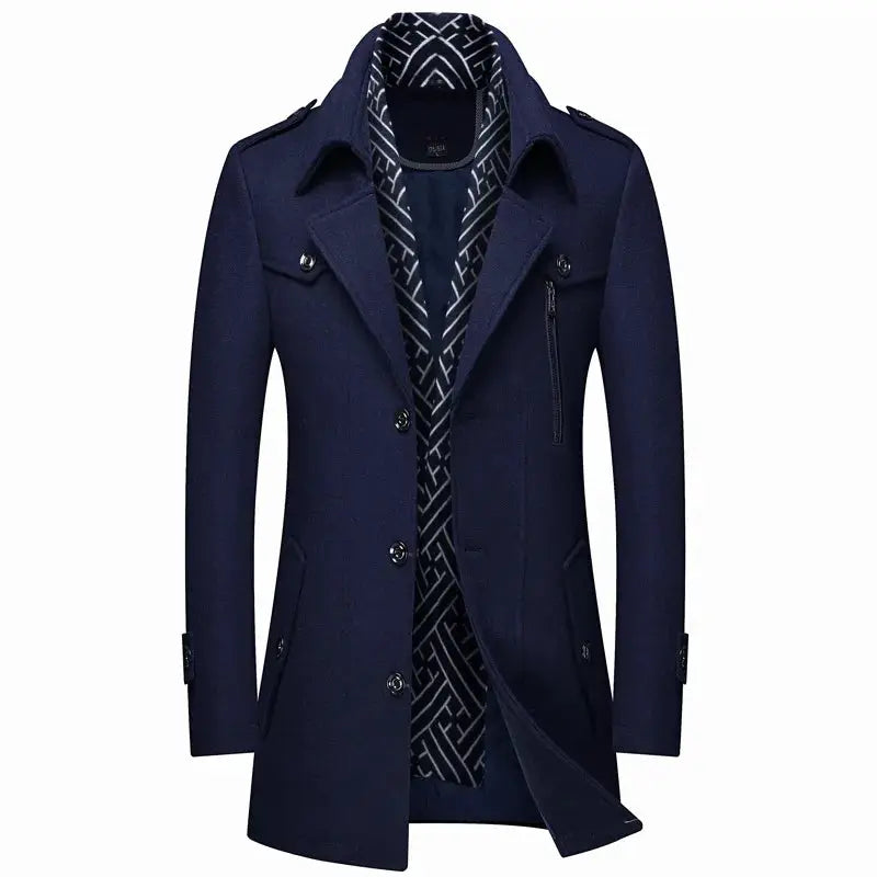Simples Market men's navy wool coat, mid-long trench style with scarf collar and padded lining
