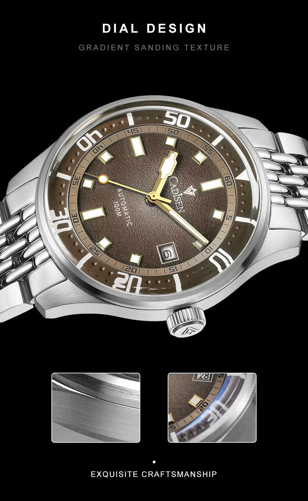CADISEN men's automatic watch with brown dial, 100m water resistant, domed glass, silver stainless steel bracelet.