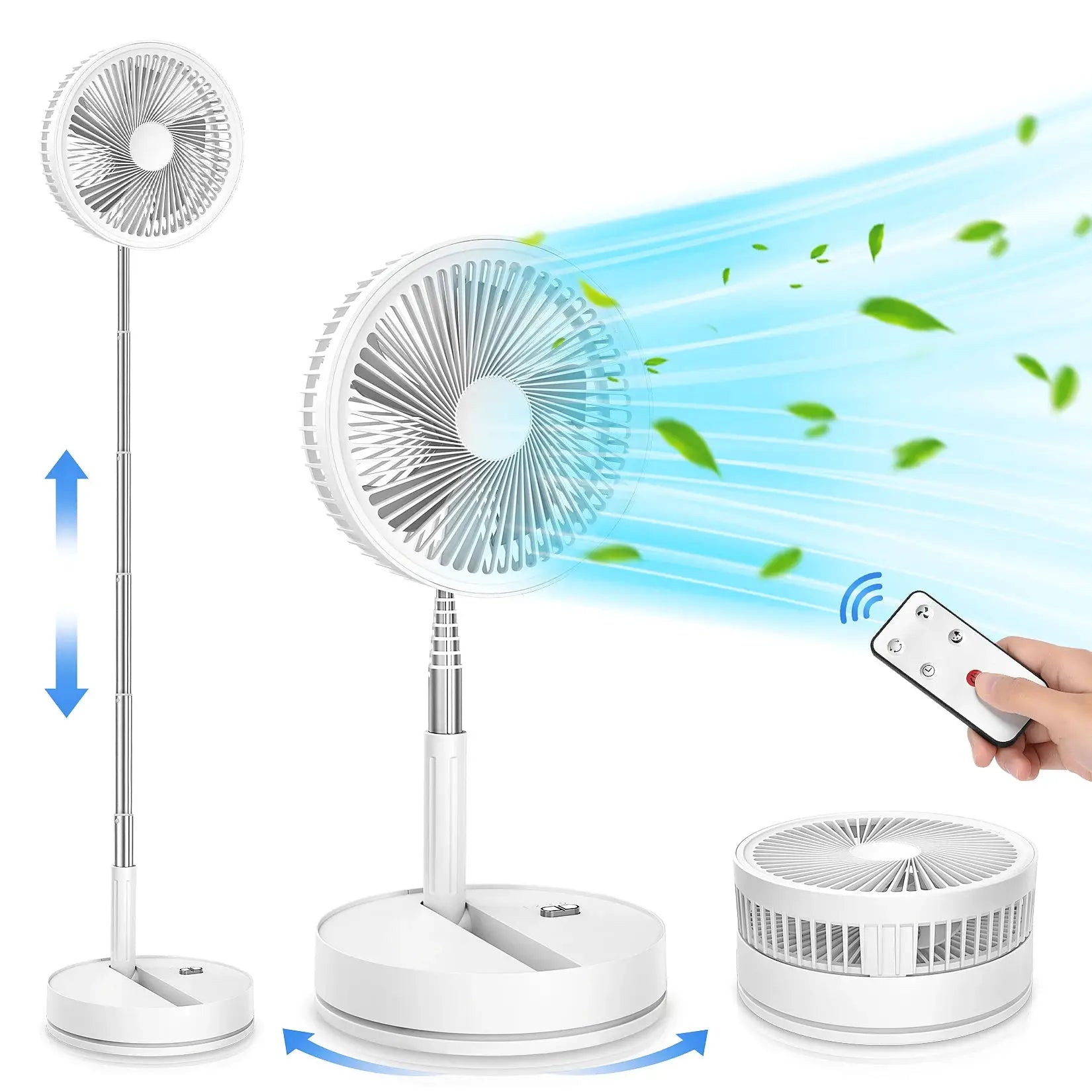 Simples Market 7200mAh cordless telescopic foldable standing fan, USB rechargeable, white with remote
