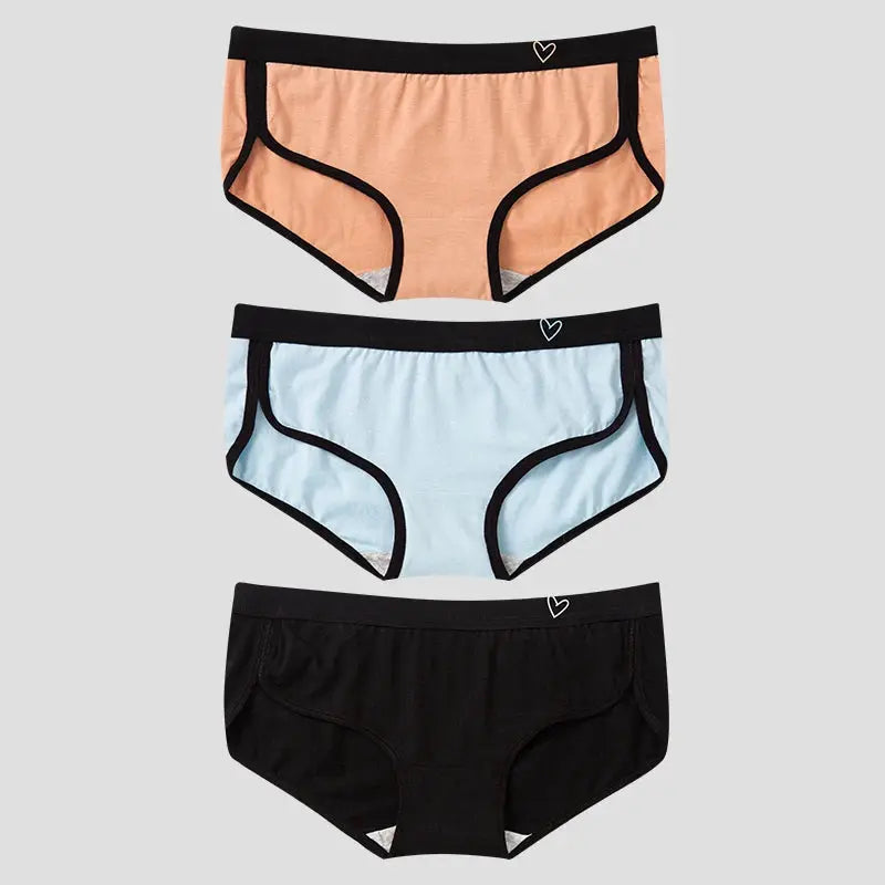 Simples Market BANNIROU 3-pack women's briefs, low-rise cotton, breathable solid panties in peach, light blue and black