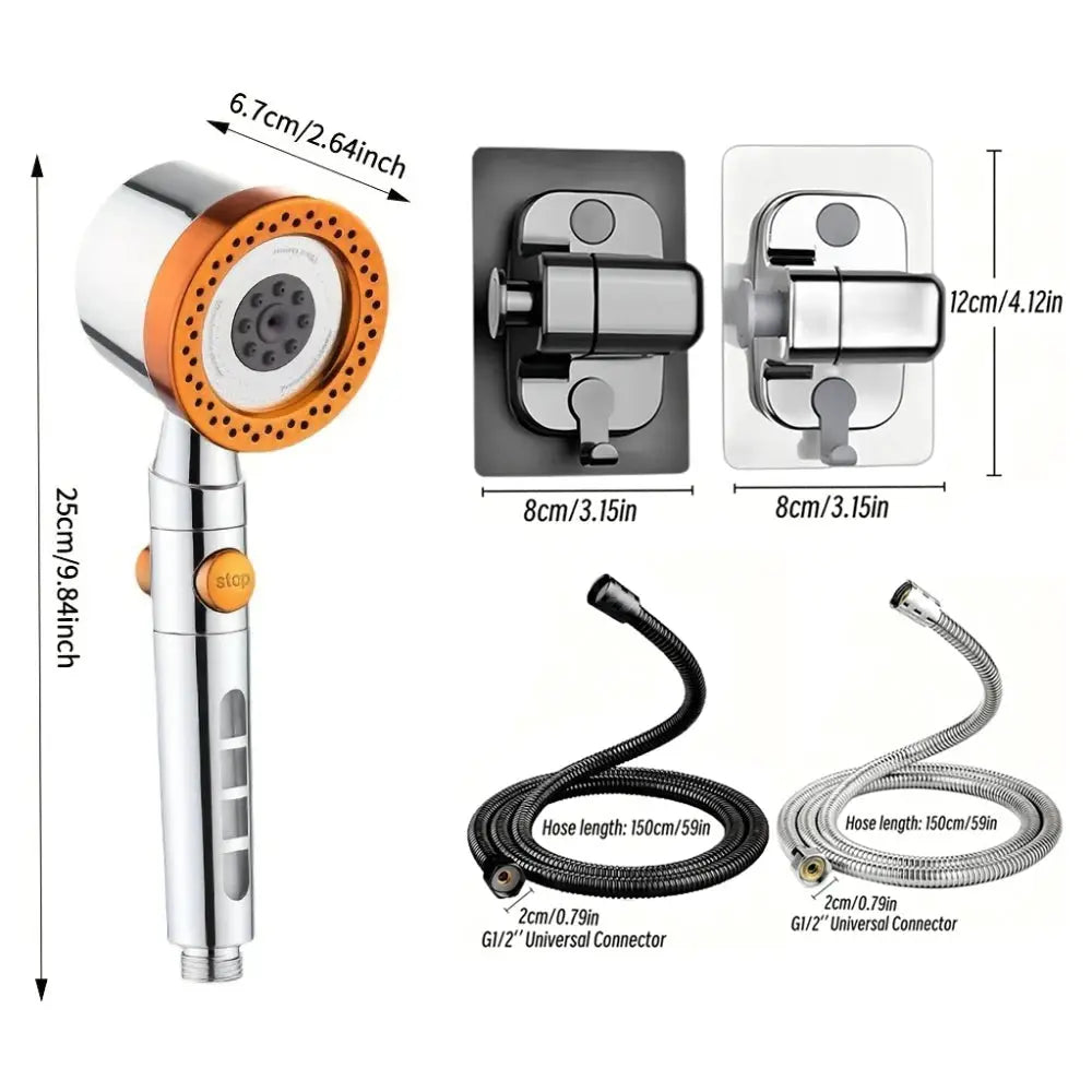 Simples Market 5-mode portable shower head set with chrome head and orange ring; includes hoses and wall mounts.