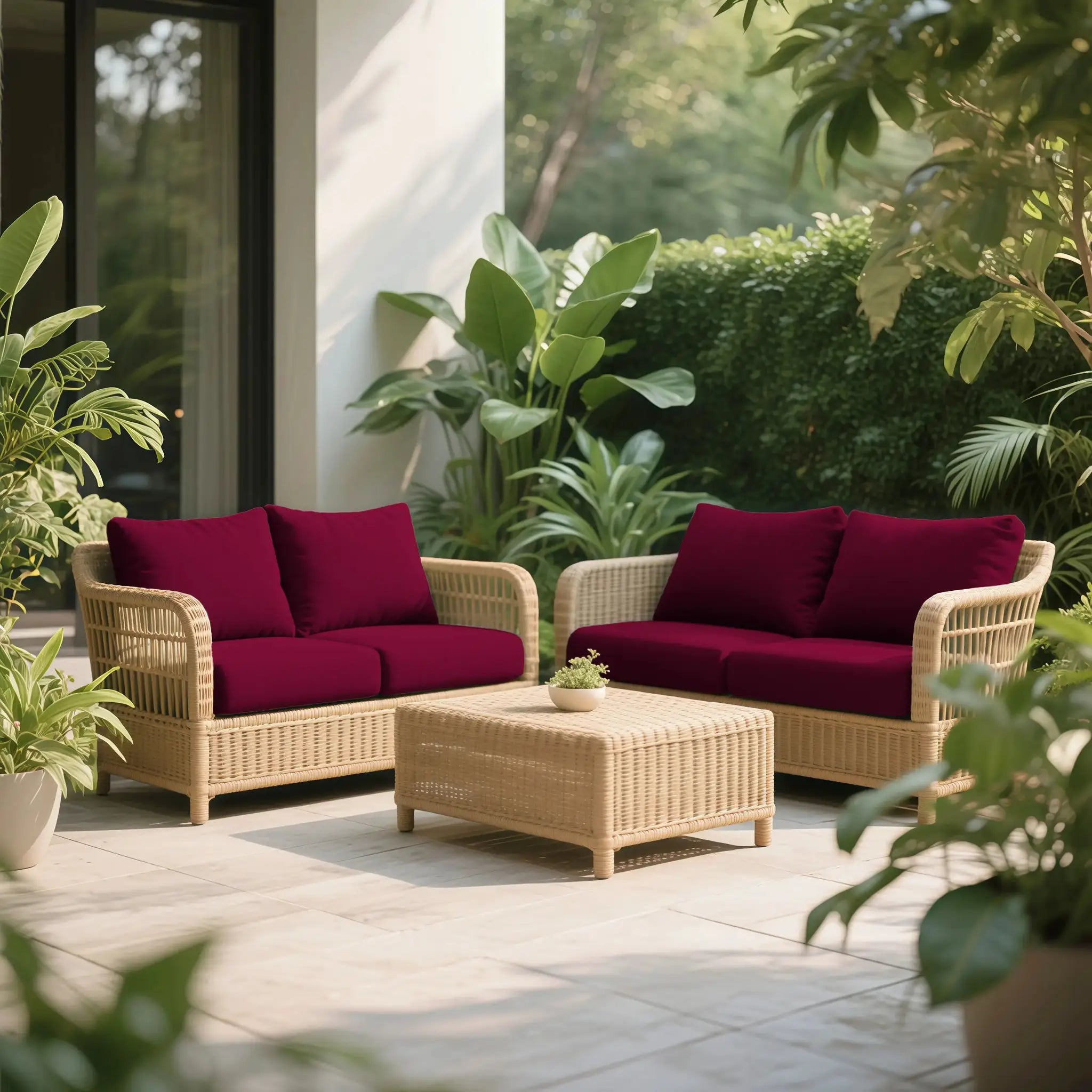 Outdoor 3-piece wicker sofa set with burgundy cushions on a patio surrounded by greenery.