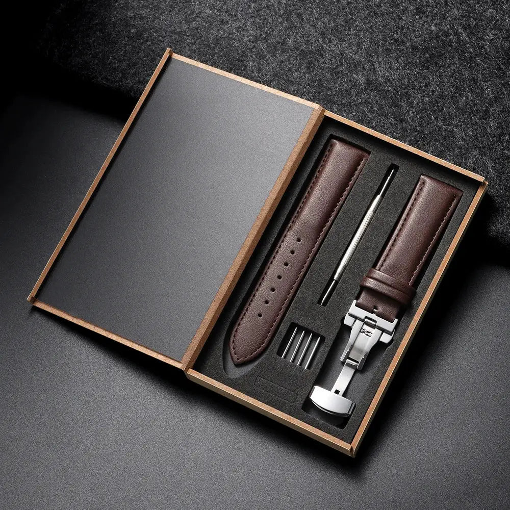Genuine Leather Watchband 14 16 18 20 22 24mm With Automatic Butterfly Buckle For Men And Women Gift Box