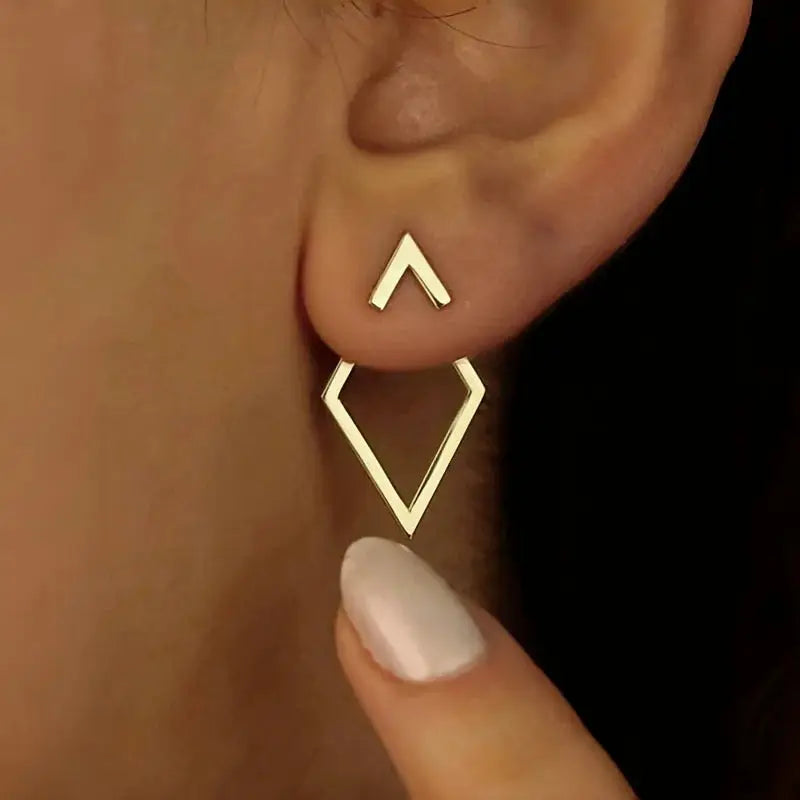 Retro minimalist geometric square detachable triangle stud earrings in gold-tone with a large hollow diamond drop