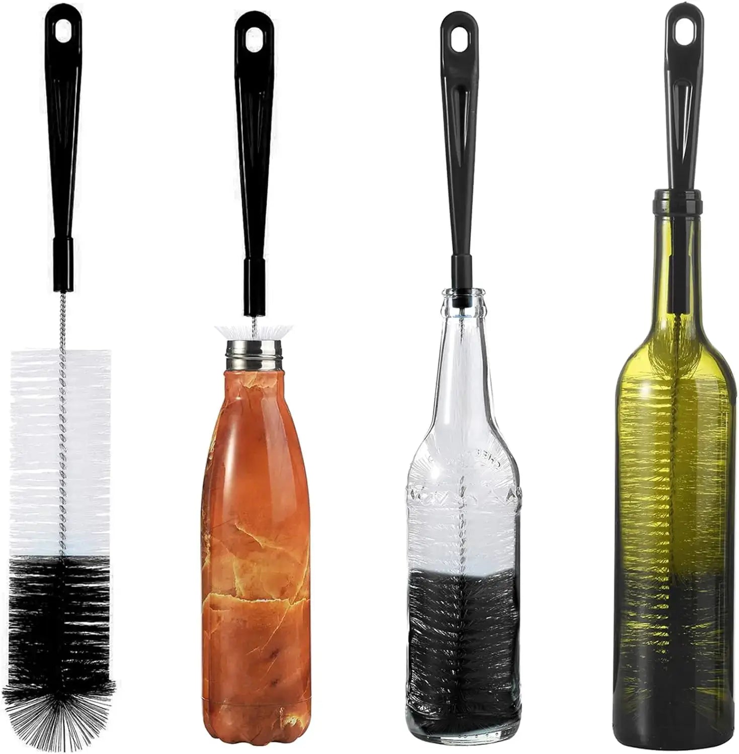 16-inch bottle brush cleaner set of 4 with long black handles for washing wine, beer, sport, and narrow-neck bottles.