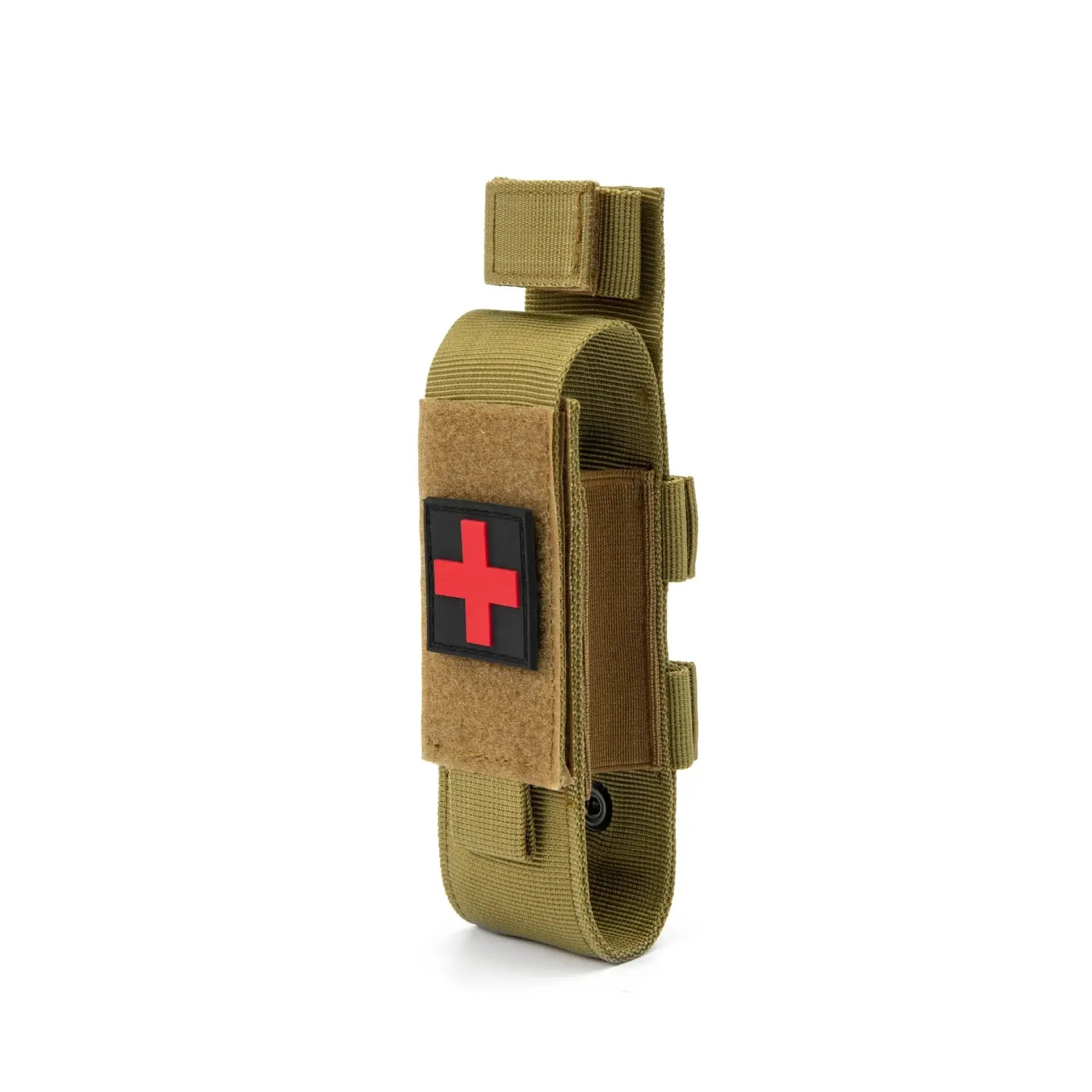 Olive drab outdoor tourniquet bag with MOLLE webbing, multiple pouches and a red cross patch