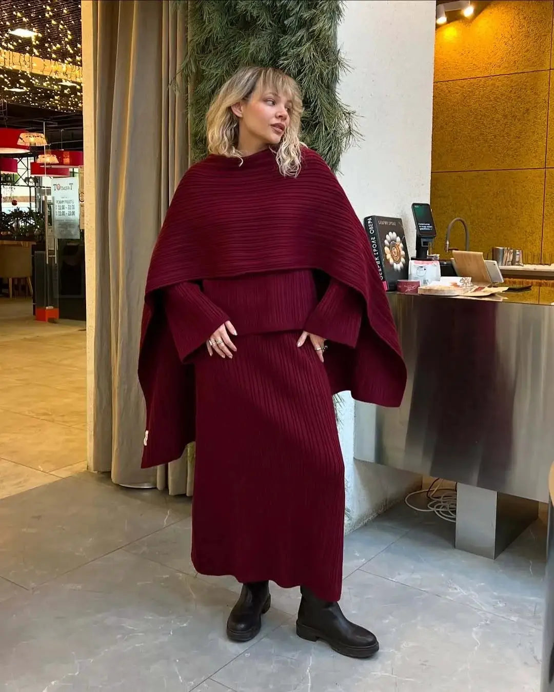 Hirsionsan Two Piece Set Women Polo Neck Cardigan And Midi Dress