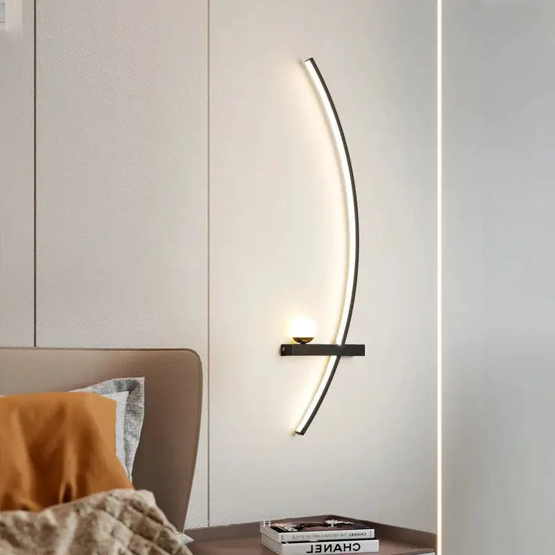 LED wall lamp curved black arc with warm LED glow, wall-mounted bedside living room fixture, 55/105 cm
