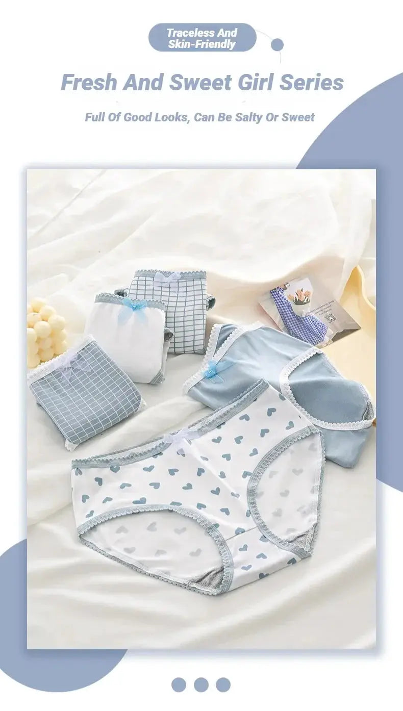 5-pack women's soft briefs by Simples Market in blue/white with heart prints and plaid patterns.