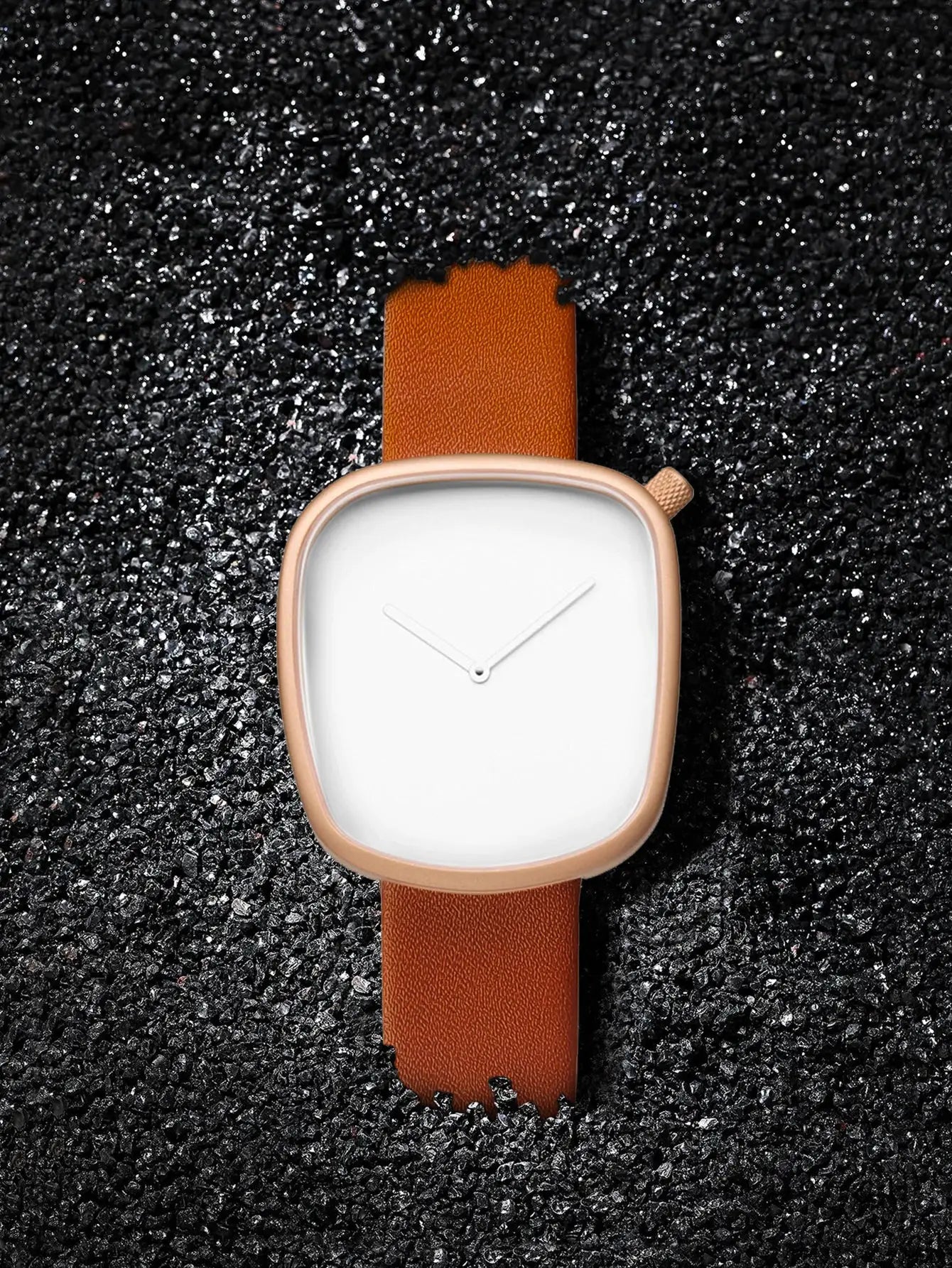 TOMI minimalist square watch with rose-gold case and orange leather strap, white dial