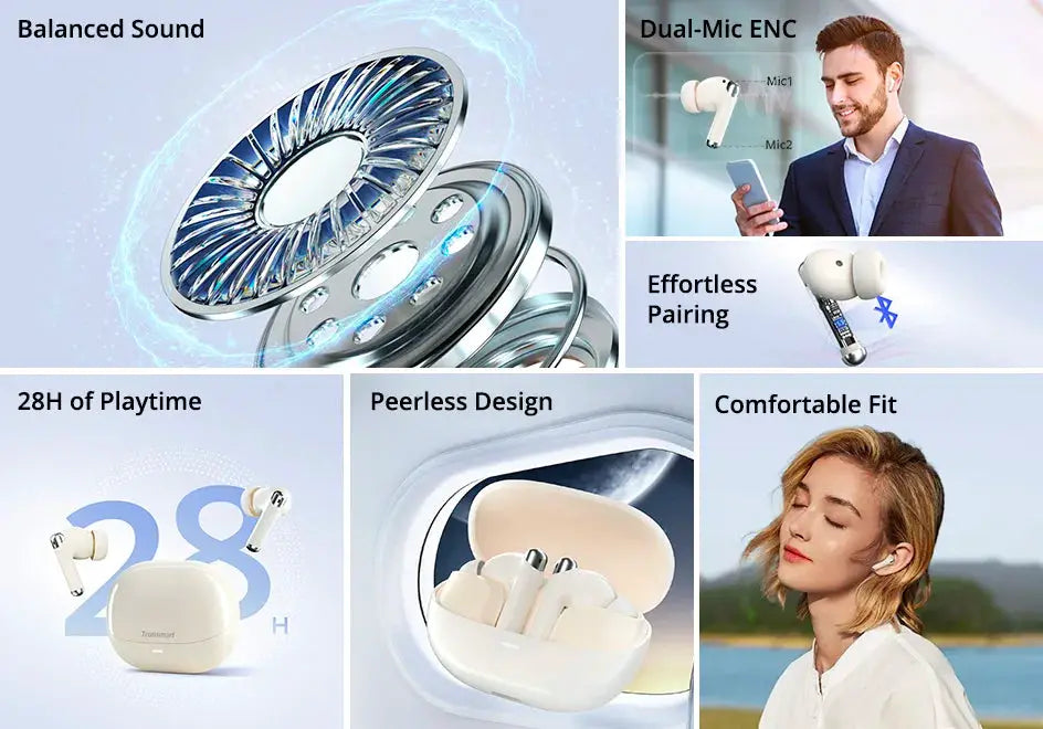 Tronsmart Sounfii R4 wireless earphones by Simples Market, beige earbuds with charging case, 28h playtime