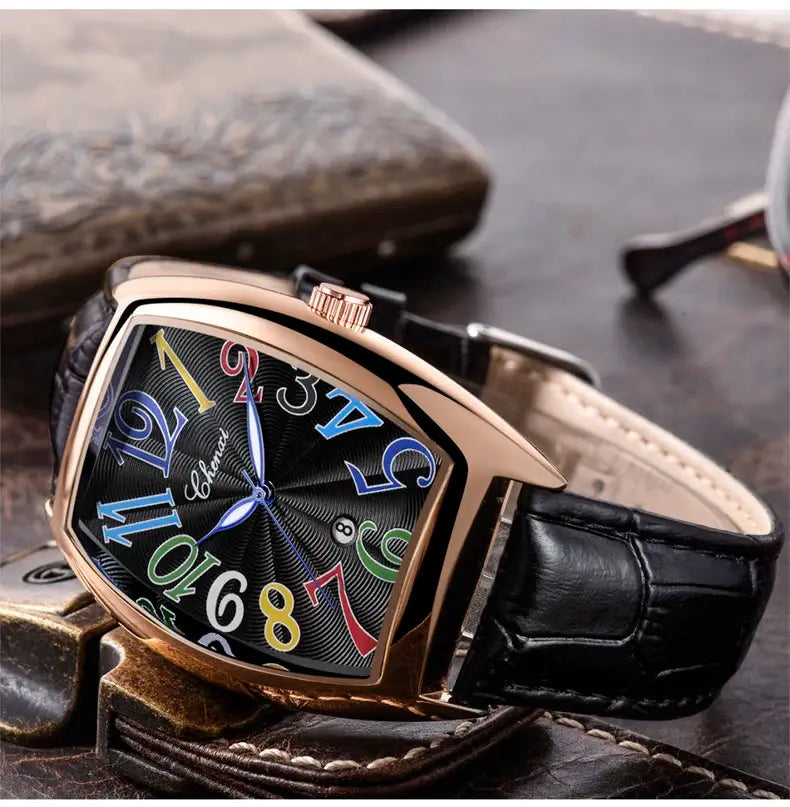 CHENXI men's watch with rose-gold curved case, black leather strap, black dial with colorful numerals and date window.