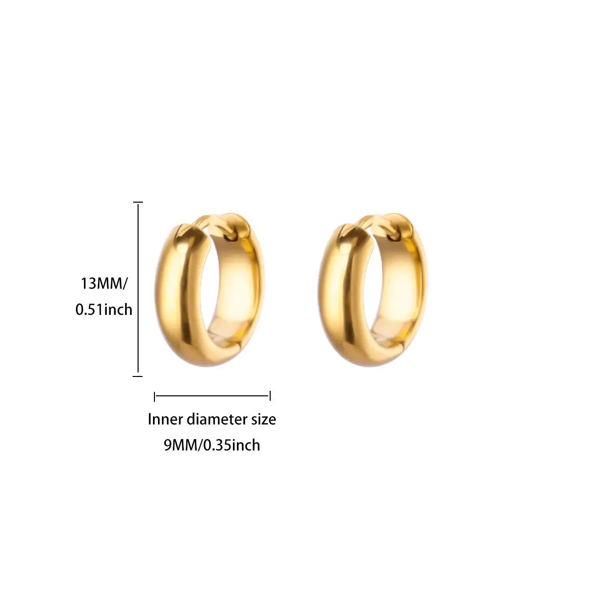 Simples Market gold-tone stainless steel hoop earrings, chunky classic hoops for women; outer 13mm, inner 9mm.