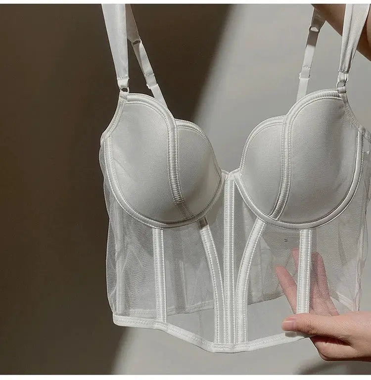 Meet'r white sheer push-up bra with lace, longline mesh shaper and boning corset