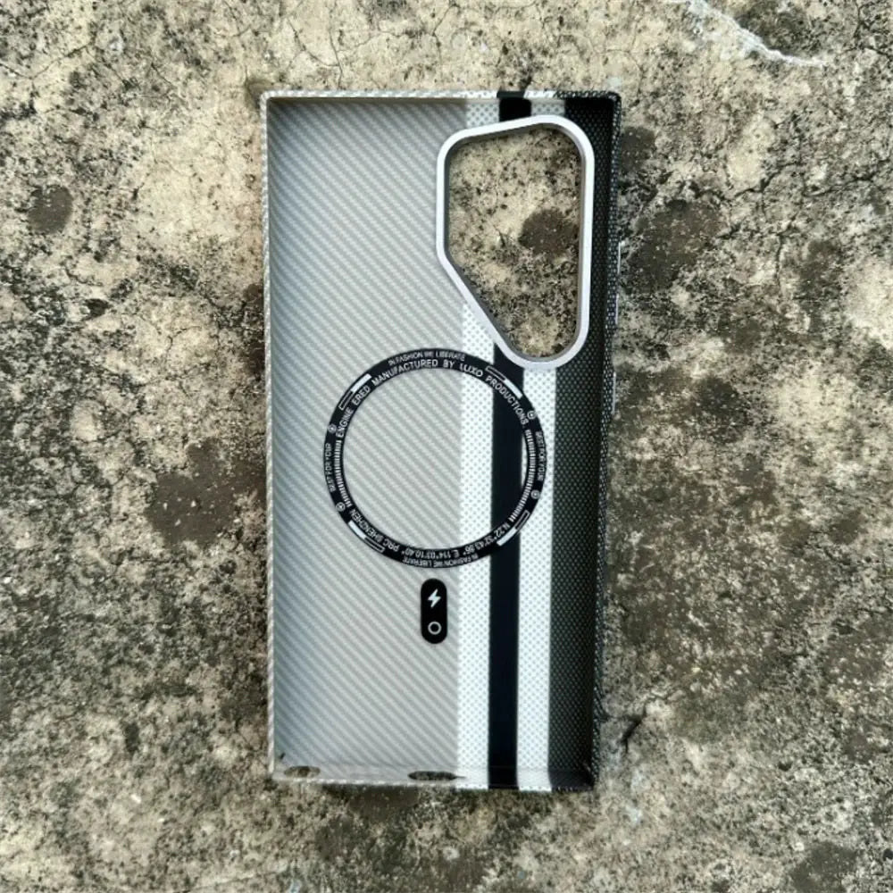 Simples Market MagSafe Kevlar carbon fiber phone case for Samsung Galaxy S26/S25 Ultra/S24 Plus; magnetic, shockproof