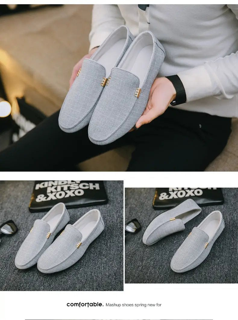 Men's light gray canvas slip-on loafers with gold-tone hardware from Simples Market