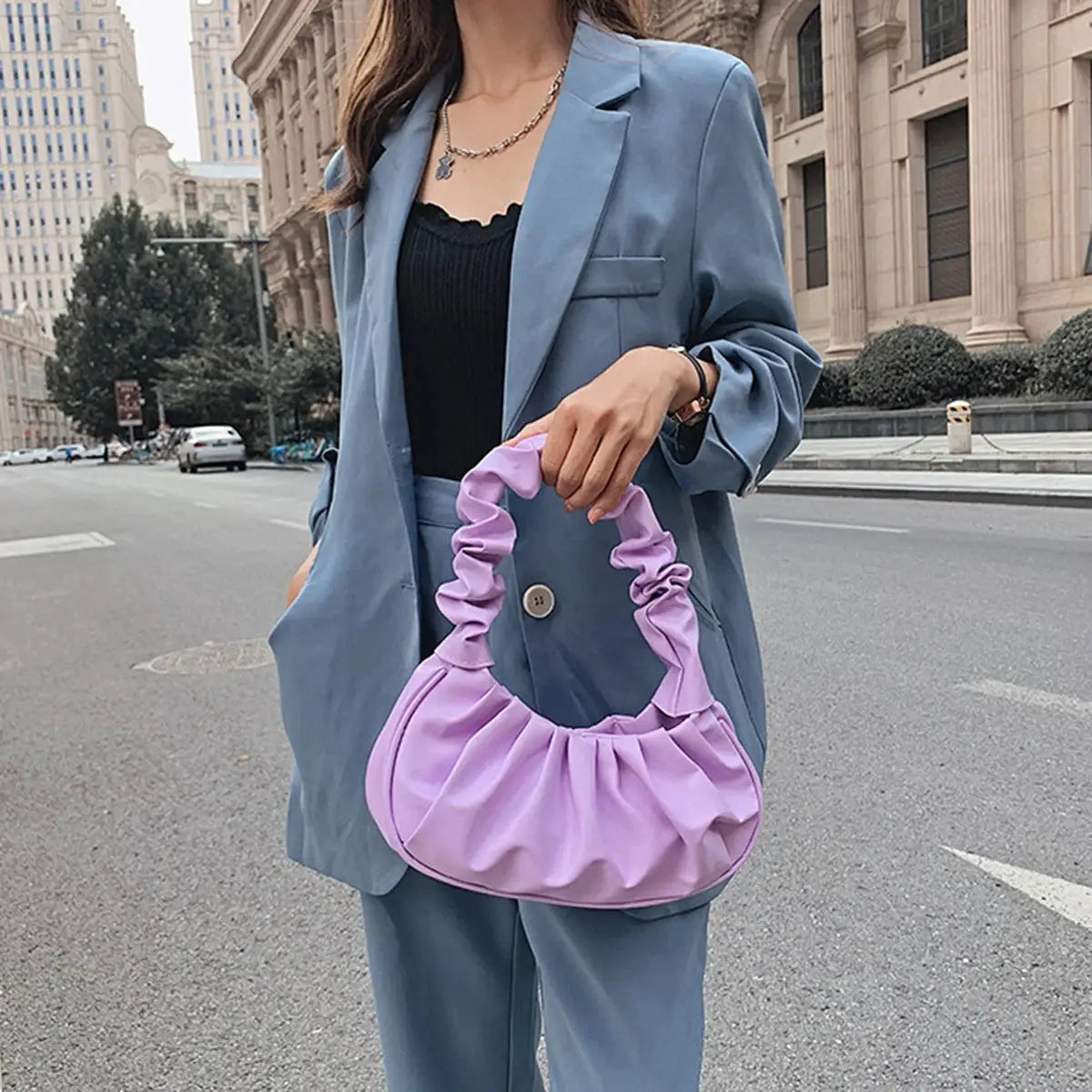 Dumpling handbag in lavender PU with a gathered ruched handle; cloud-style bag for women.