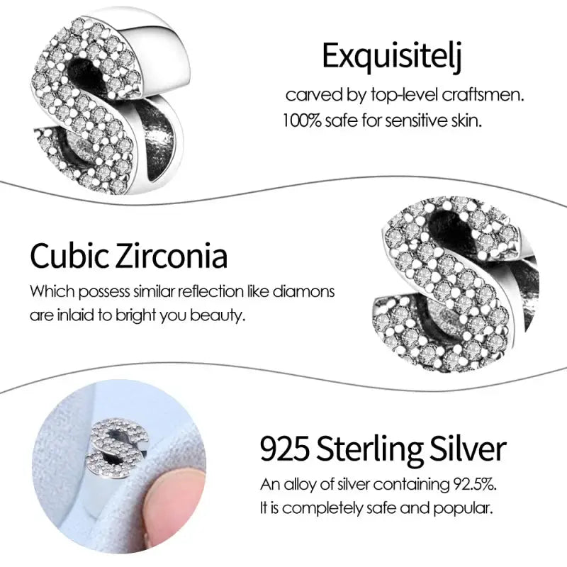 925 Sterling Silver Letter S Charm Beads Sparkling CZ Zircon Dangle for Original Bracelet DIY Jewelry for Women
