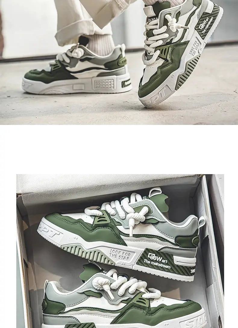 Two pairs of Simples Market men's skate shoes in green and white with chunky white soles and lace-up design.