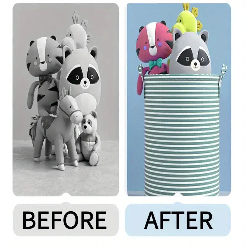Foldable striped laundry basket by Simples Market; collapsible storage bin in blue/white stripes with toys.