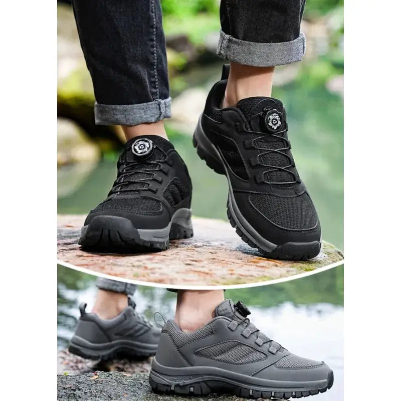 Men's outdoor sports shoes in black and gray; anti-slip hiking shoes with rotating buckle, 2 pairs shown.