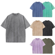 Men's Summer Pure Cotton Distressed Retro Drop Shoulder T Shirt Solid Color Loose Casual Breathable Tops