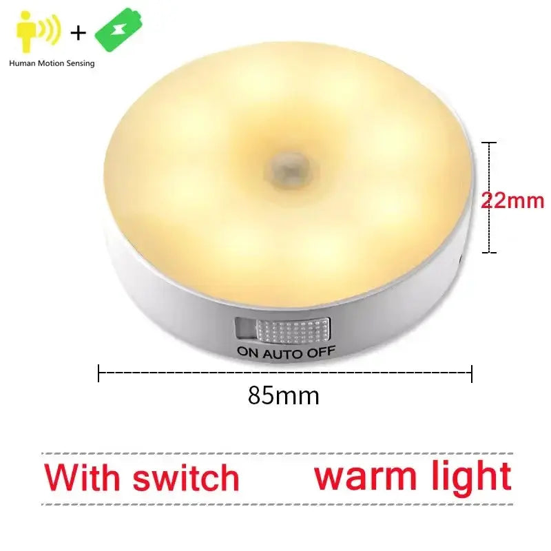 Simples Market motion sensor night light; warm LED, USB rechargeable, white base, 85mm diameter, ON AUTO OFF switch