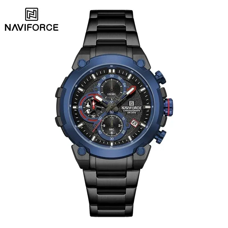 NAVIFORCE men's chronograph wristwatch with blue bezel and black steel band, NAVIFORCE logo visible