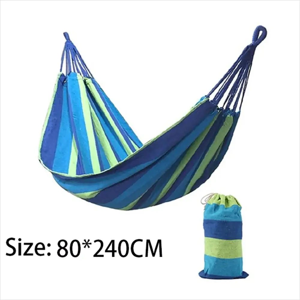 Double cotton hammock for two with blue-green striped fabric and tree straps, 80x240 cm