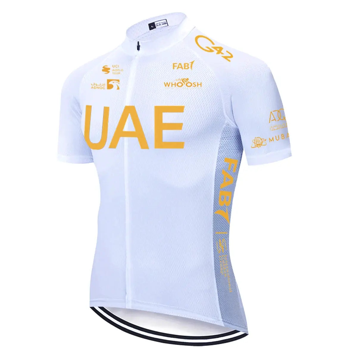 UAE cycling jersey, white with bold yellow UAE text and logos, short sleeves with front zipper