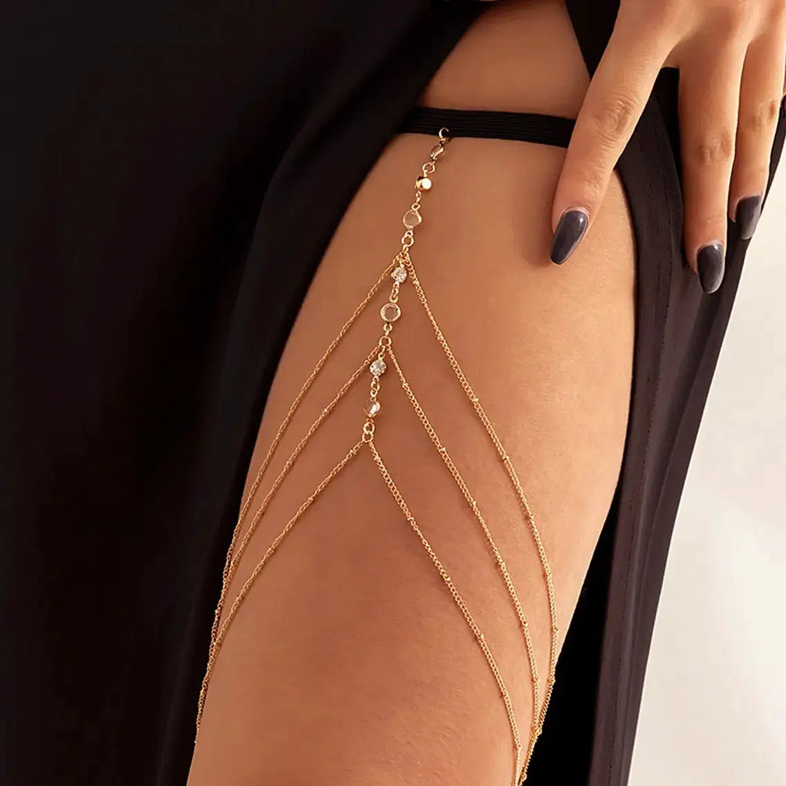 Boho Elastic Band Crystal Leg Chain For Women Multilayer Tassel Adjustable Beach Body Jewelry