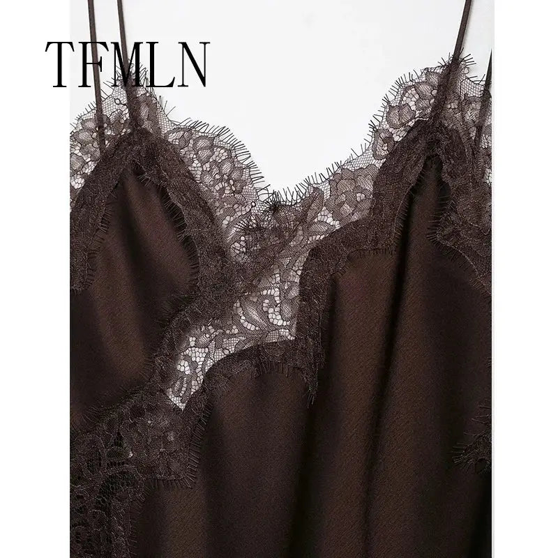 TFMLN Women Sexy Lace Splicing Dresses Slimming Silhouette With Asymmetrical Neckline And Backless Design