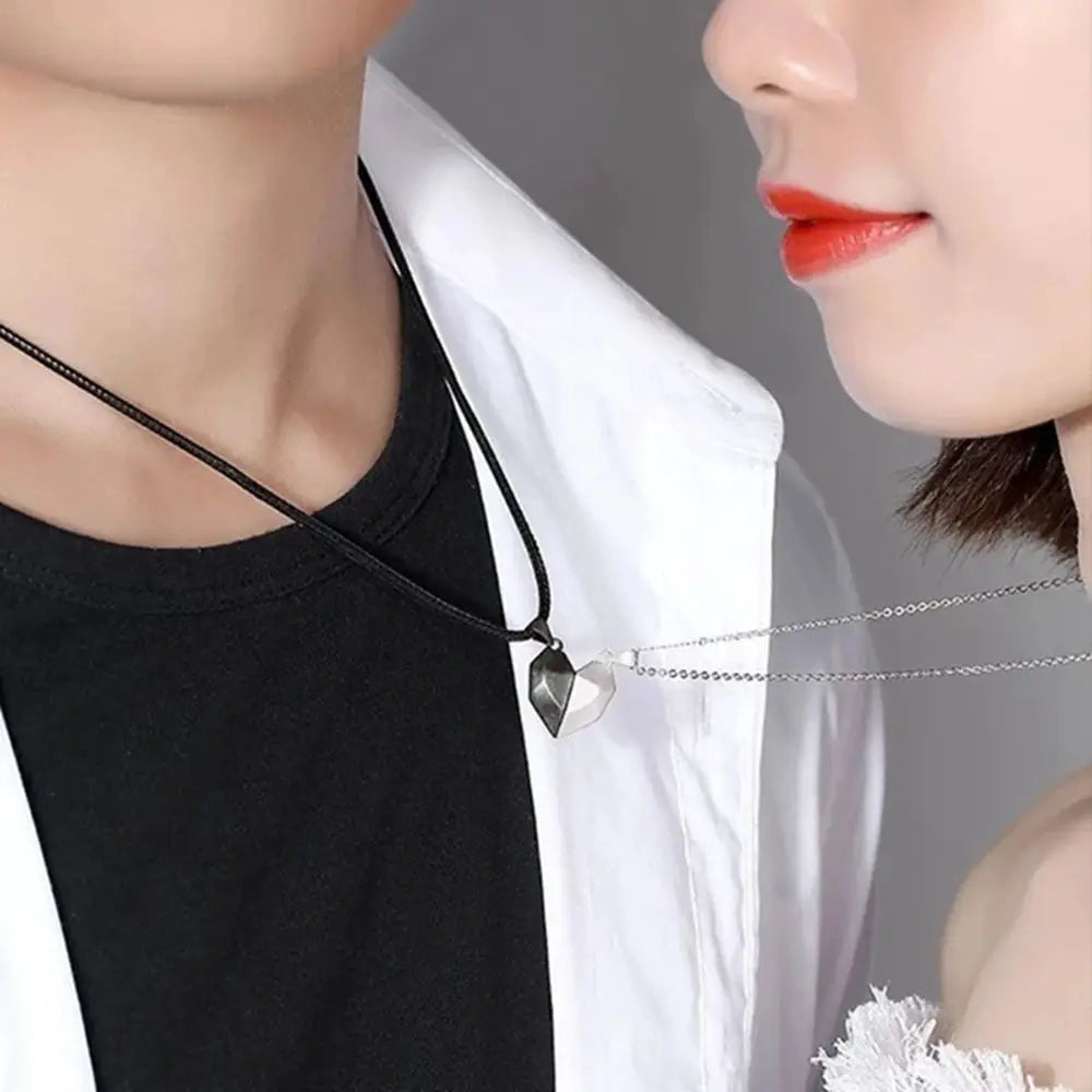 Couple Magnetic Heart Pendant Necklace Electrocardiogram Design Interlocking Hearts Valentines Gift